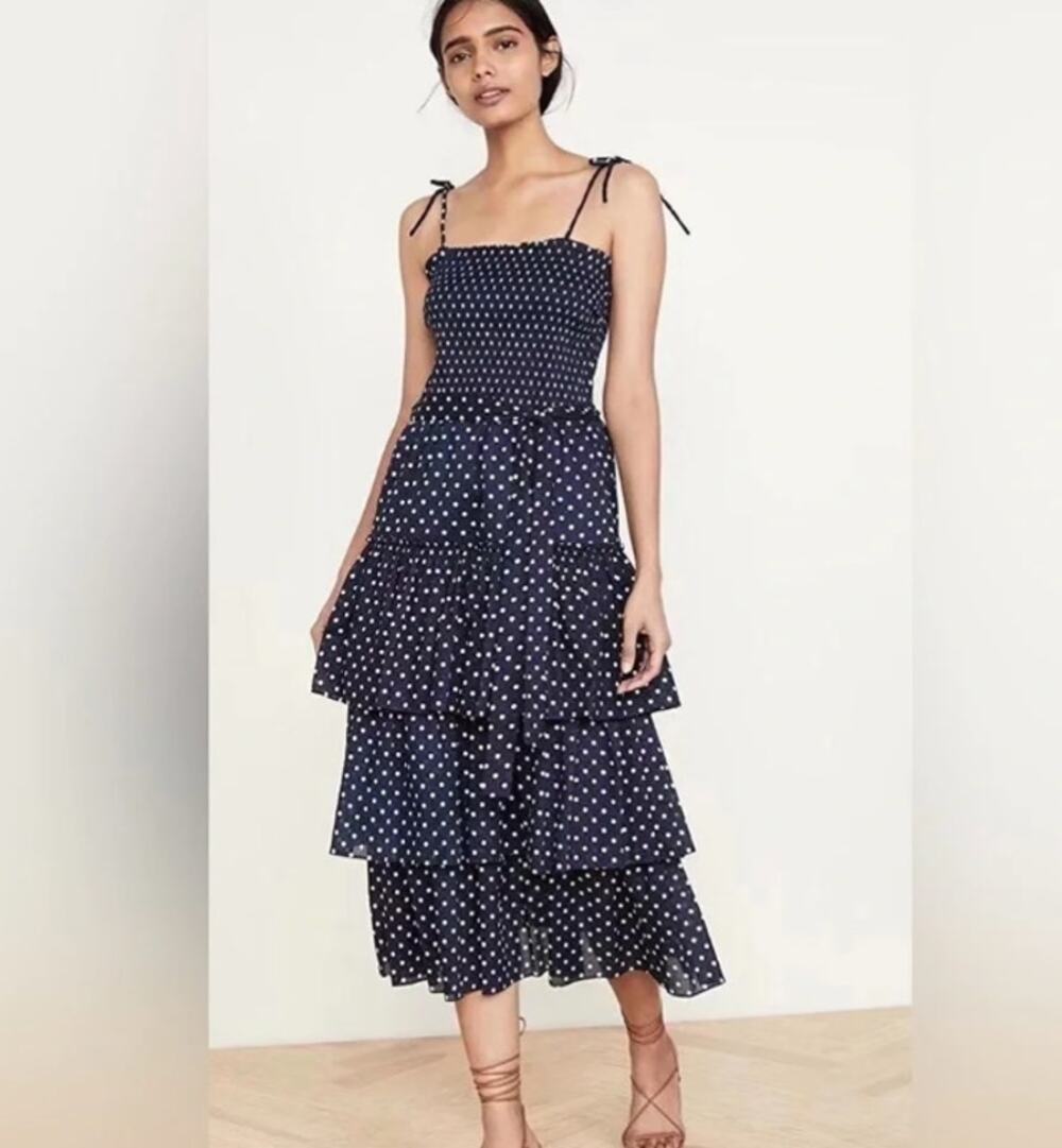 Tory Burch Printed Ruffle Dress Polka Dot Smocked Midi Navy White NWT Size M